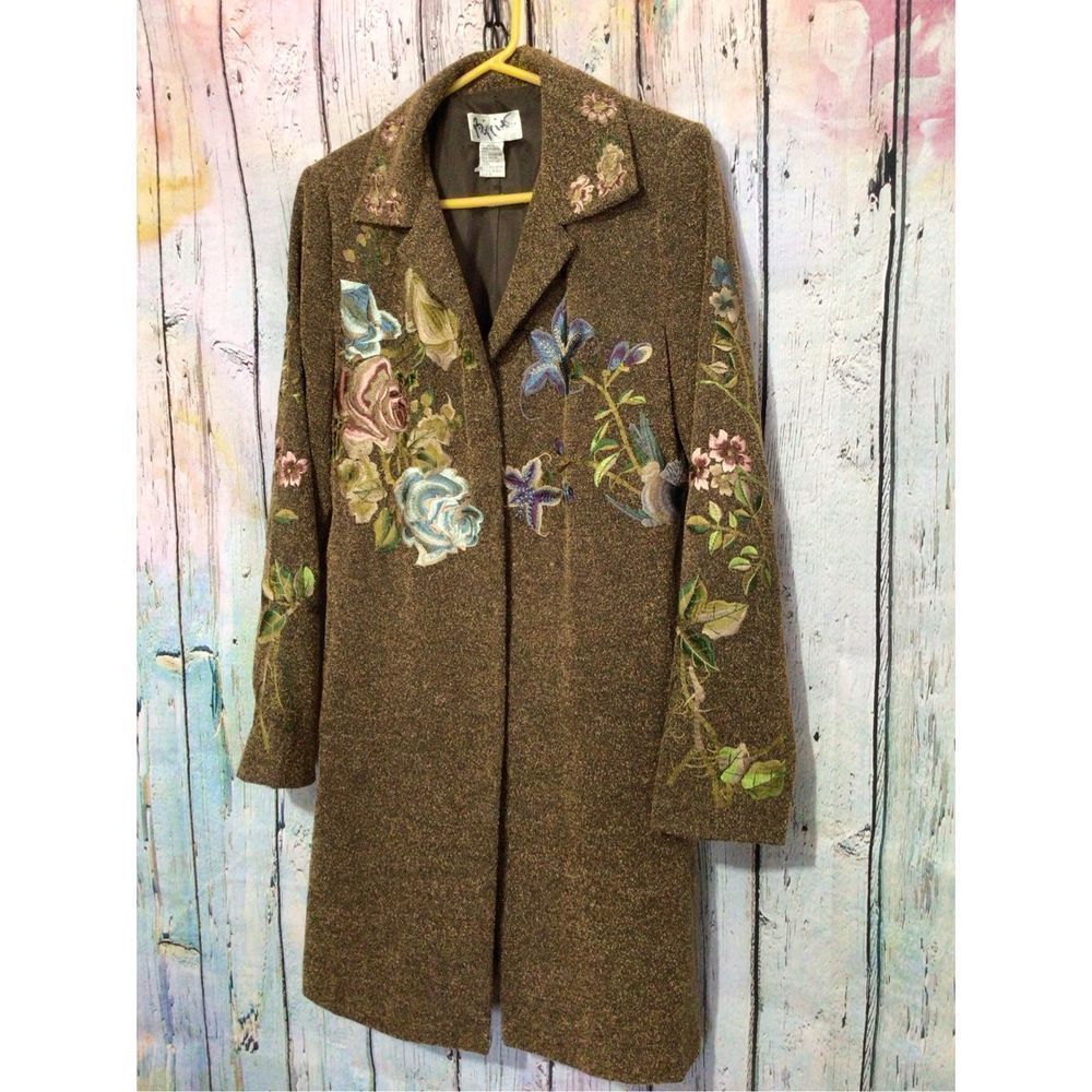 Long Jacket Size 10 Brown Embroidered Tweed Coat PTP 20” - Picture 11 of 14